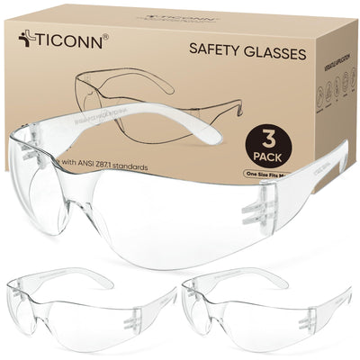 TICONN 3 Pack Clear Safety Glasses for Men, Safety Goggles with Scratch Impact Resistant Meets ANSI Z87.1 Standard (3 Pack)