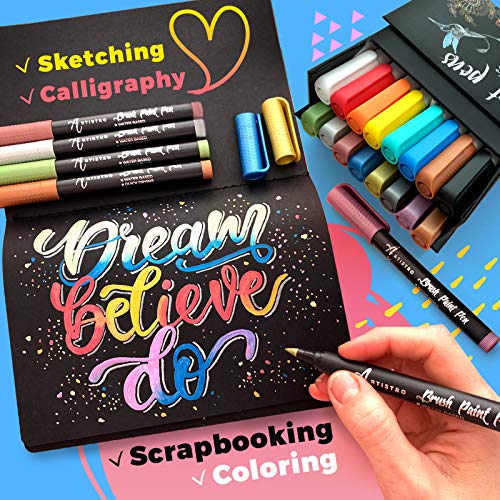 ARTISTRO 12 Acrylic White Paint Markers Medium Tip and 16 Acrylic Paint Pens Brush Tip, Bundle for Artists, Amateur Hobbyists and Painting Lovers… ARTISTRO