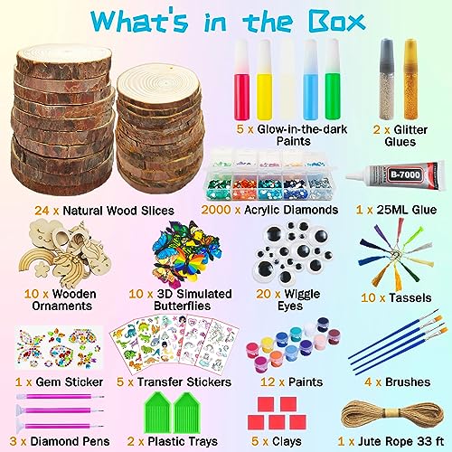 Wooden Crafts Kit for Kids - Glow in The Dark - Arts & Crafts Gifts for Boys Girls Age 6-12, 24 Wood Slices with Diamond Painting Craft Activities KIRKOTOY