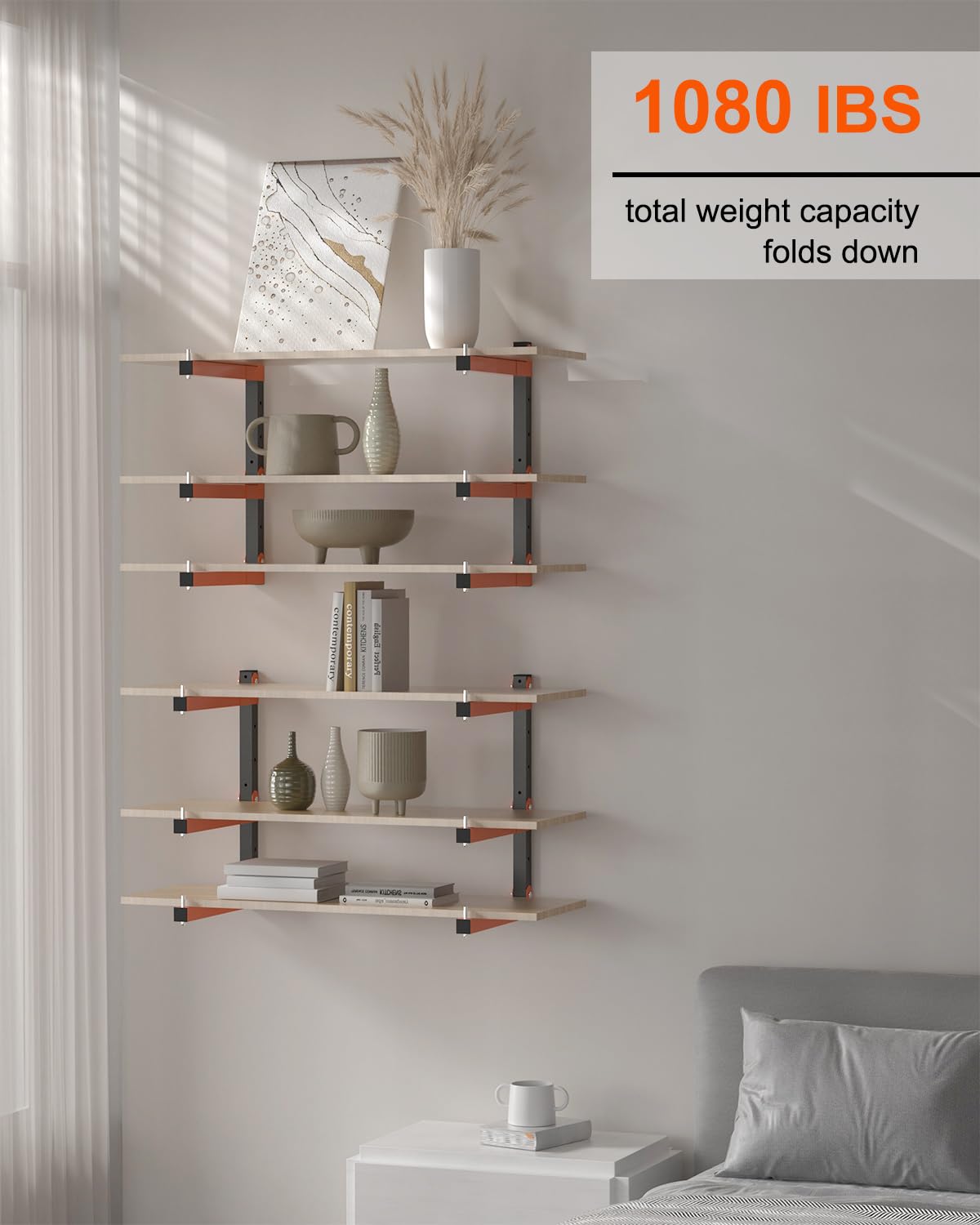 Acools Lumber Storage Rack, Lumber Rack Wall Mount, Heavy Duty Wood Storage Racks with 9-Level System, 1080 lb Durable Garage Wood Organizer, Orange Acools