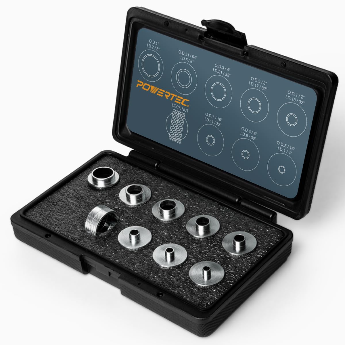 POWERTEC 10Pcs Solid Router Template Bushing Guides Sets 5/16 to 1 Inch with Molded Carrying Case. Fits All Porter Cable Style Router Sub Bases. POWERTEC