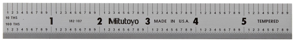 Mitutoyo 182-107, Steel Rule, 6"/150mm ( 1/10, 1/100", 1mm, 0.5mm), 3/64" Thick X 3/4" Wide, Satin Chrome Finish Tempered Stainless Steel Mitutoyo