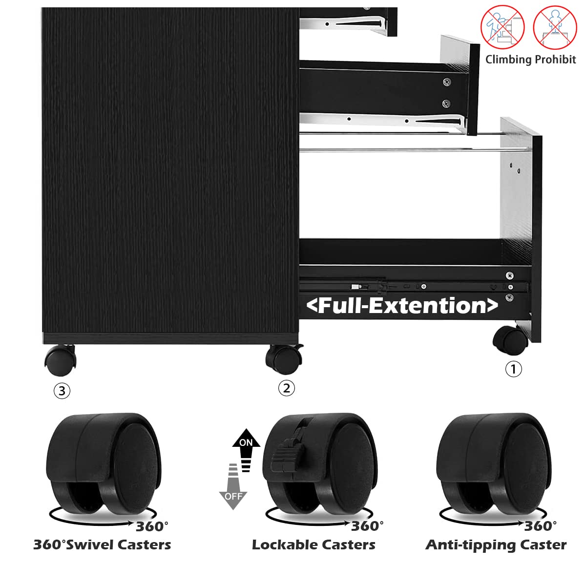 Panana 3 Drawer Wood Mobile File Cabinet, Under Desk Storage Drawers Small File Cabinet for Home Office (Black) Panana