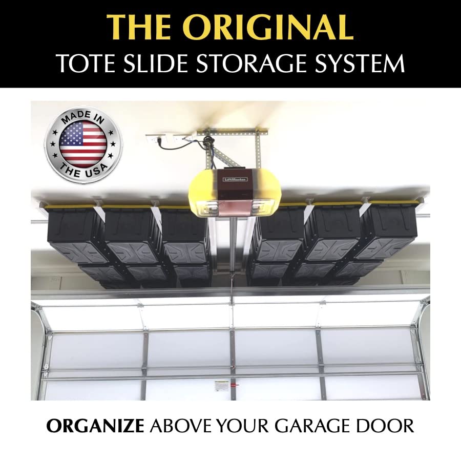 E-Z Garage Storage Tote Slide PRO Overhead Garage Storage Rack - Organize Up to 15 Storage Tote Container Bins on The Ceiling E-Z Garage Storage