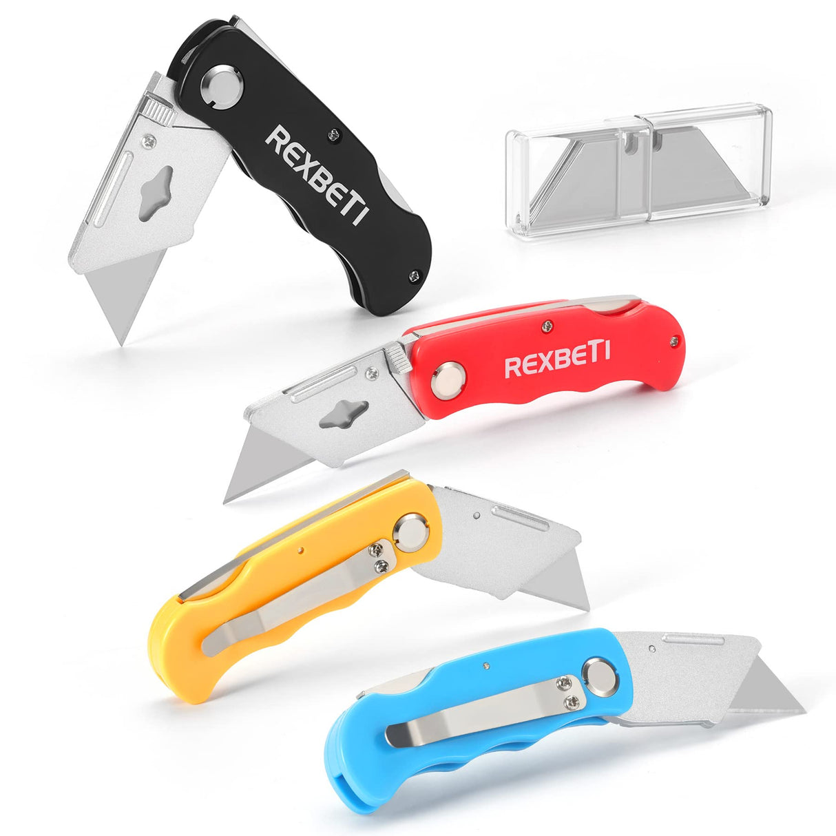 REXBETI 4-Pack Folding Utility Knife Quick-change SK5 Box Cutter for Cartons, Cardboard and Boxes, Back-lock Mechanism with 10 Extra Blades REXBETI