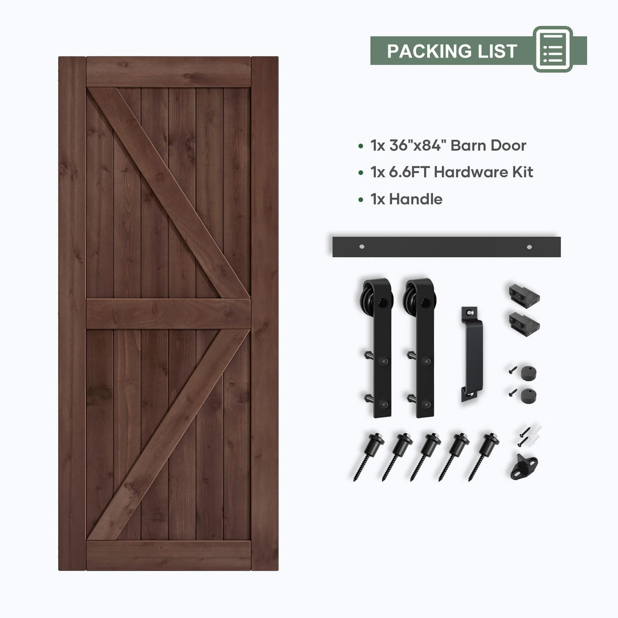 ROYMELO 36x84 inch Sliding Barn Wood Door Slab with 6.6ft Hardware Kit and Handle, Coffee, K Shape, Simple DIY Assembly ROYMELO