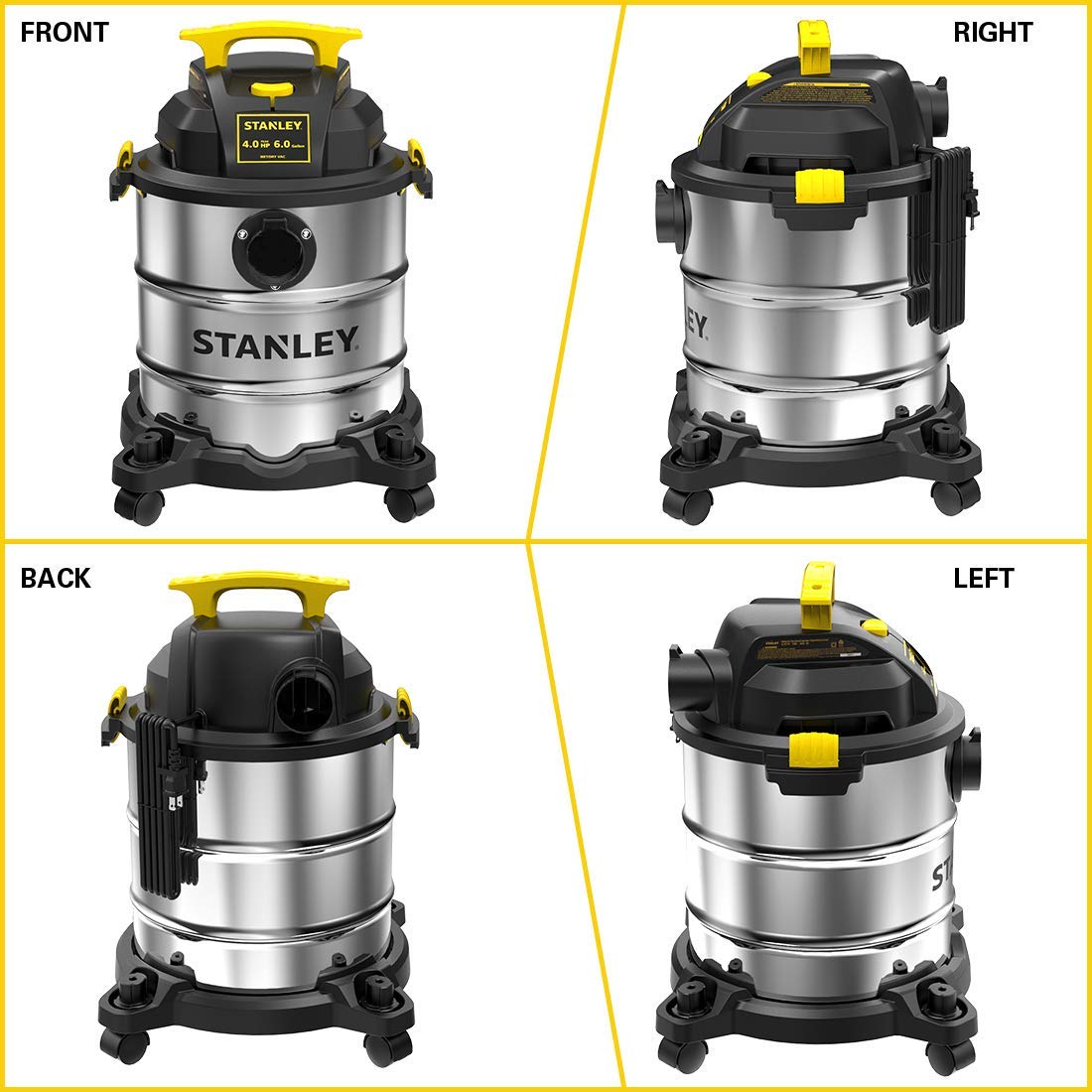 Stanley SL18116 Wet/Dry Vacuum, 6 Gallon, 4 Horsepower, Stainless Steel Tank, 4.0 HP, Silver+yellow Stanley