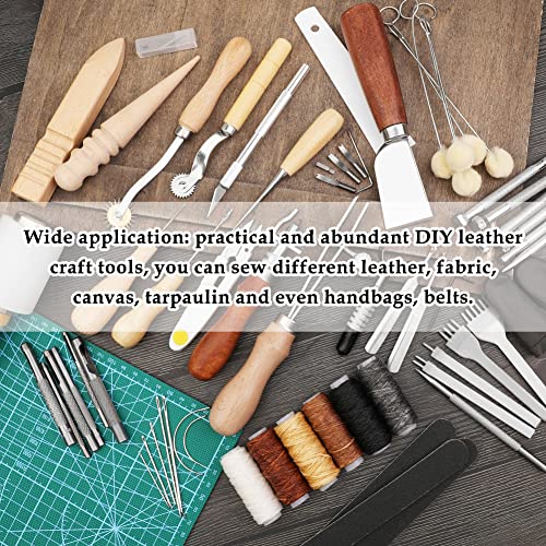 Leather Craft Tools, 60 Pieces Leather Working Tools and Supplies with Storage Bag Cutting Mat Prong Punch Groover Edge Creaser Stamping Carving BAGERLA