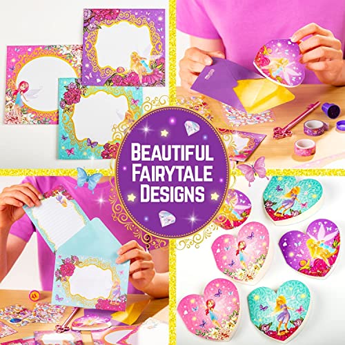 GirlZone Fairytale Writing Set, 45-Piece Fairy Stationery Kit with Paper Sheets, Cards, Stickers and Stampers in a Storybook Box, Magical Gift Idea GirlZone