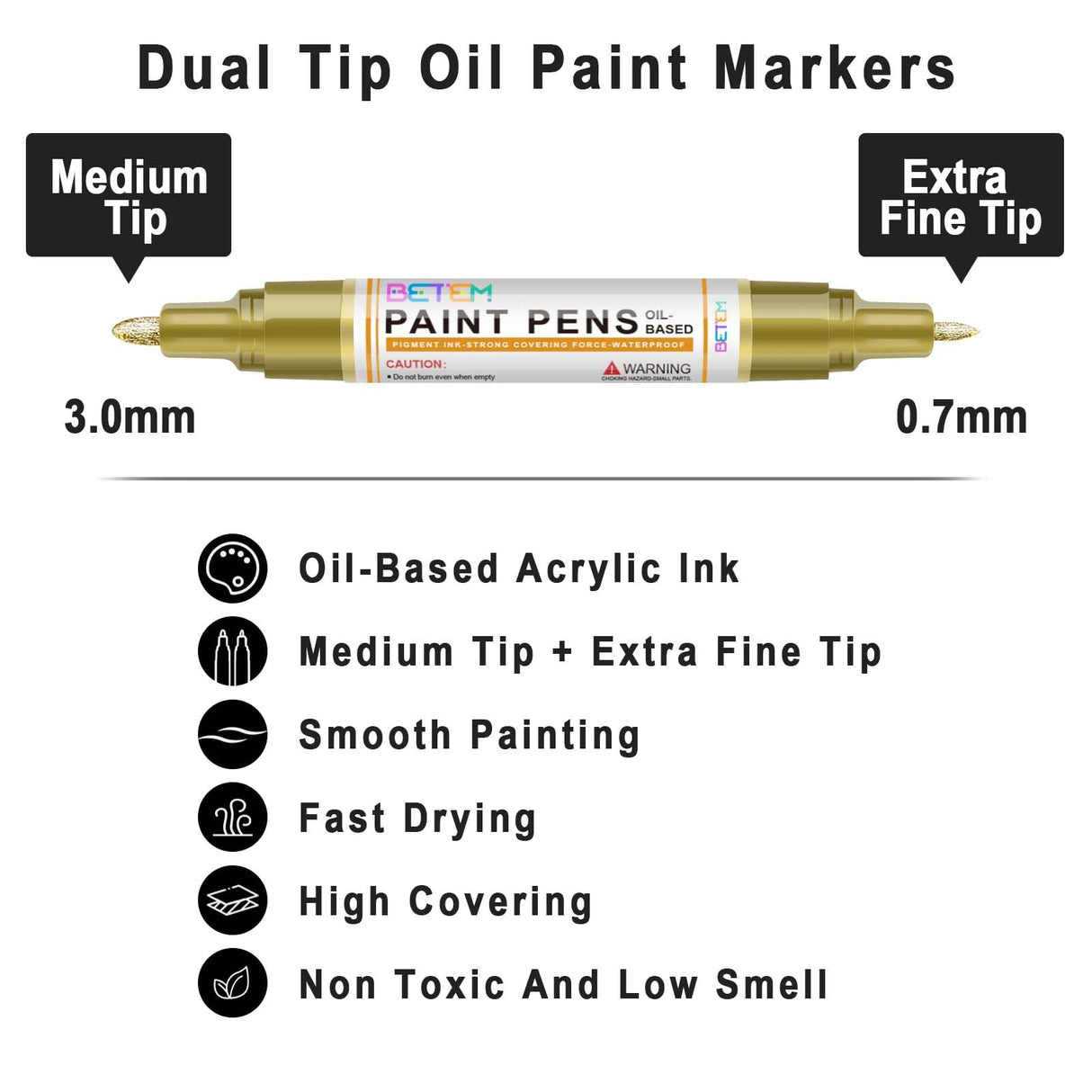 Betem Oil Based Paint Markers, Dual Tip Paint Pens(0.7mm & 3mm), Gold Silver Permanent Paint Marker Pen, Waterproof, Quick Dry, for Fabric, Rock Betem