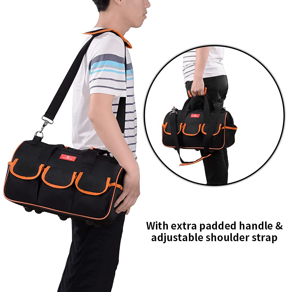 17-inch Tool Bag, Wide Mouth Tool Tote Bag,Muti-Purpose Tool Bag Organiser with Adjustable Shoulder Strap and Plastic-lined External Pockets, for GANCHUN
