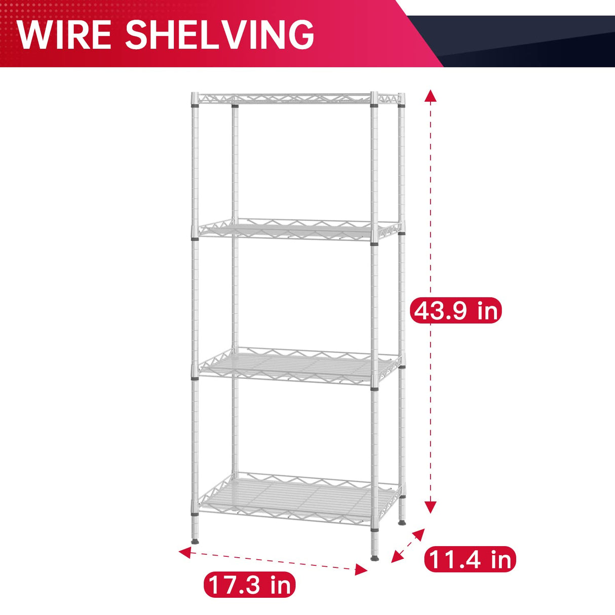BestOffice 4-Shelf Adjustable Storage Shelving Unit Metal Rack Wire Shelf 600Lbs Capacity with 4 PP Sheets 18L x 12W x 44H for Laundry Bathroom BestOffice