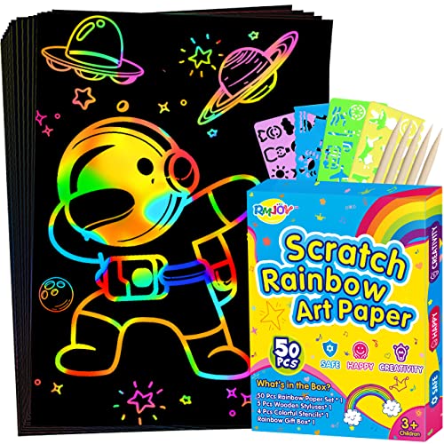 RMJOY Rainbow Scratch Paper Sets: 60pcs Magic Art Craft Scratch Off Papers Supplies Kits Pad for Age 3-12 Kids Girl Boy Teen Toy Game Gift for RMJOY
