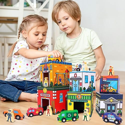 Atoylink Toddler Sorting and Stacking Toys with Magnetic Wooden Cars & Community Helpers, Baby Number Blocks Nesting Boxes Preschool Learning Atoylink