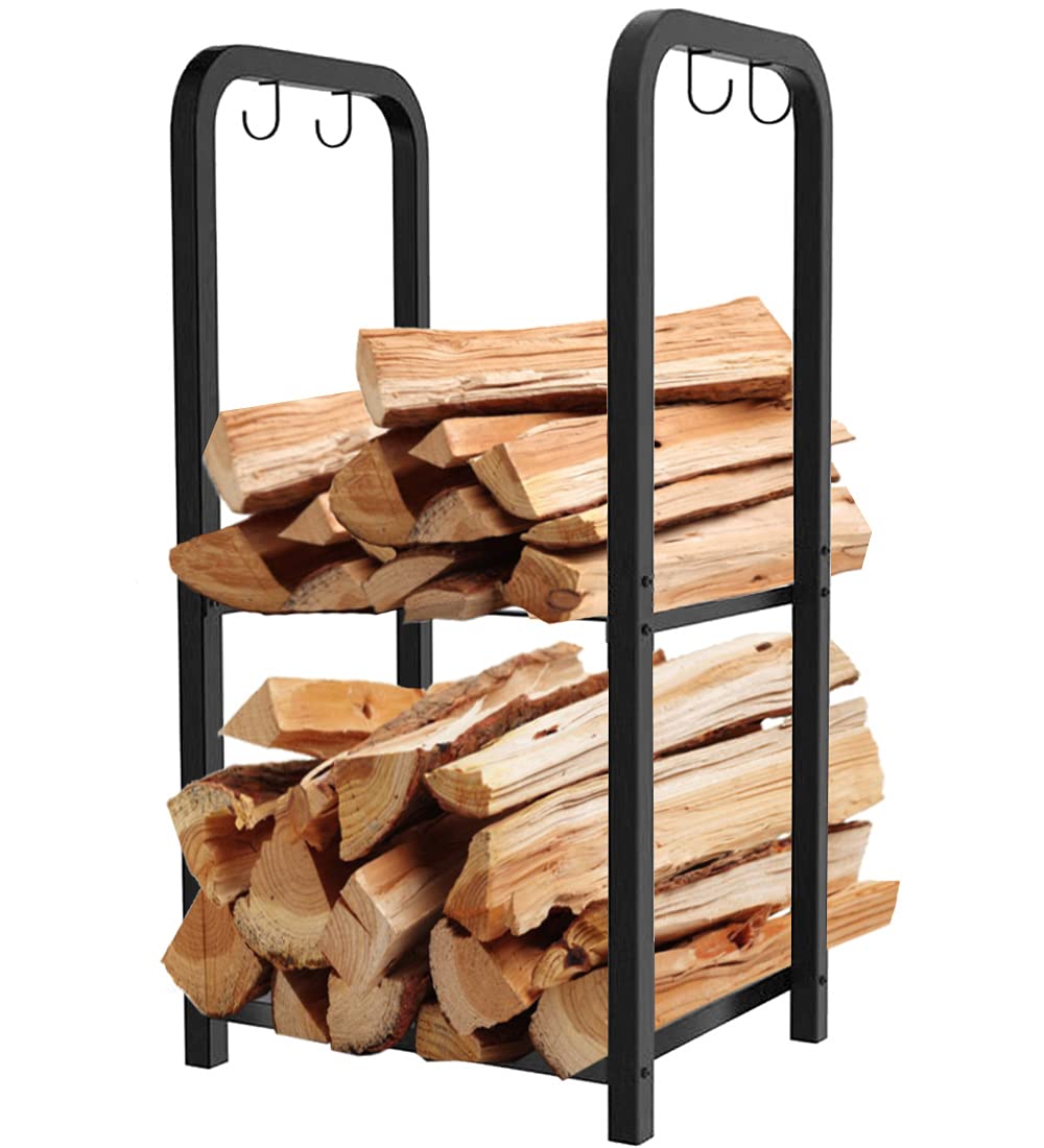 Artibear Small Firewood Rack Holder for Indoor Fireplace, 2-Tier Fire Wood Log Storage Stacker Stand for Outdoor Patio, Black Artibear