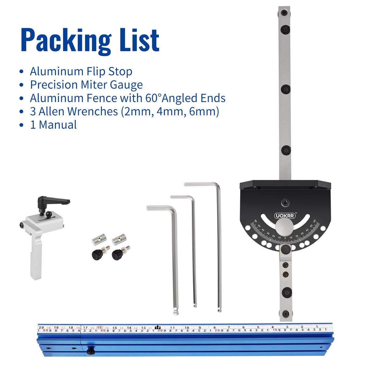 UOKRR Miter Gauge for Table Saw w/ 20 Inch-36 Inch Telescoping Aluminum Miter Fence & Bar/Precision Repetitive Cut Flip Stop / 60° Angled Ends for UOKRR