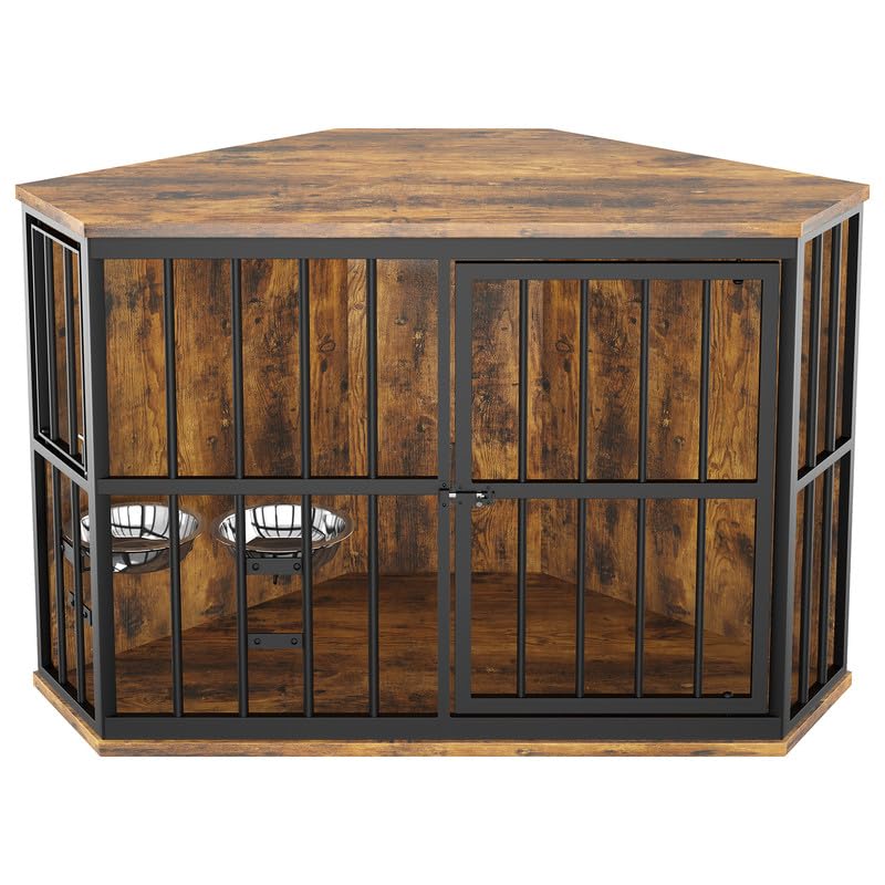 ROOMTEC 42 inch Furniture Dog Crate Corner, Dog Kennel Corner Wooden End Table with Bowl, Indoor Pet Crates Corner Side Table for Dogs, Wide Top ROOMTEC