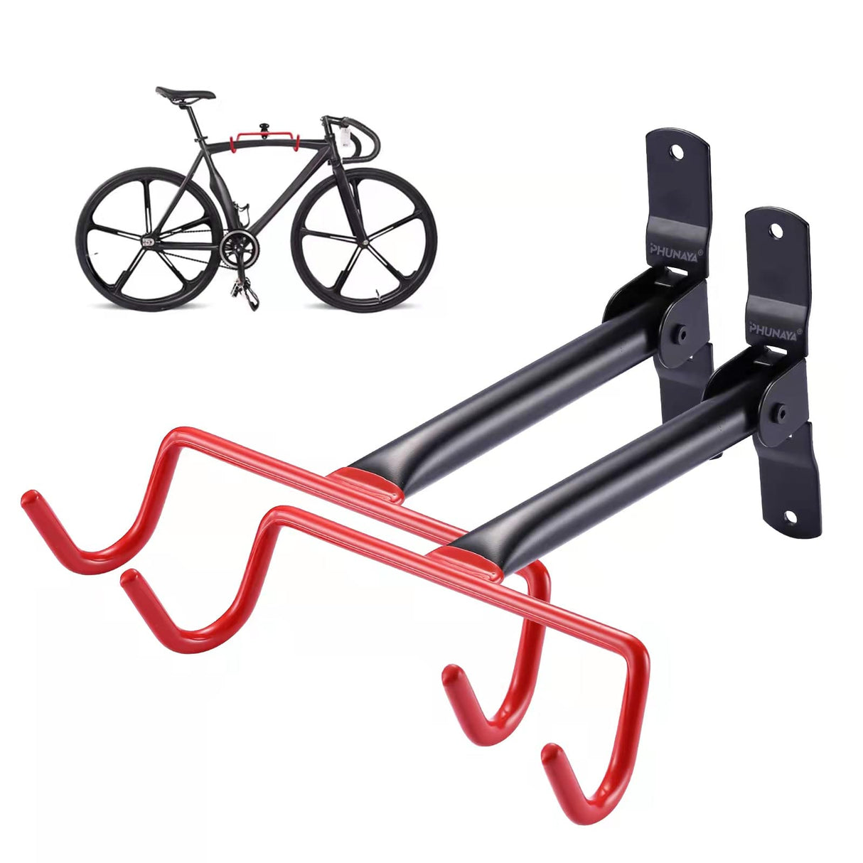 PHUNAYA Bike Hanger Wall Mount Bike Hook Horizontal Foldable Bicycle Holder Garage Bike Storage Bicycle Hoist Heavy Duty Screws (2 pack) PHUNAYA