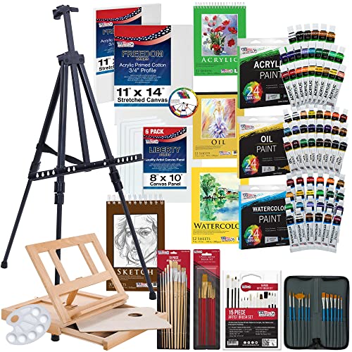 U.S. Art Supply 133-Piece Deluxe Ultimate Artist Painting Set with Aluminum and Wood Easels, 72 Paint Colors, 24 Acrylic, 24 Oil, 24 Watercolor, 8 US Art Supply