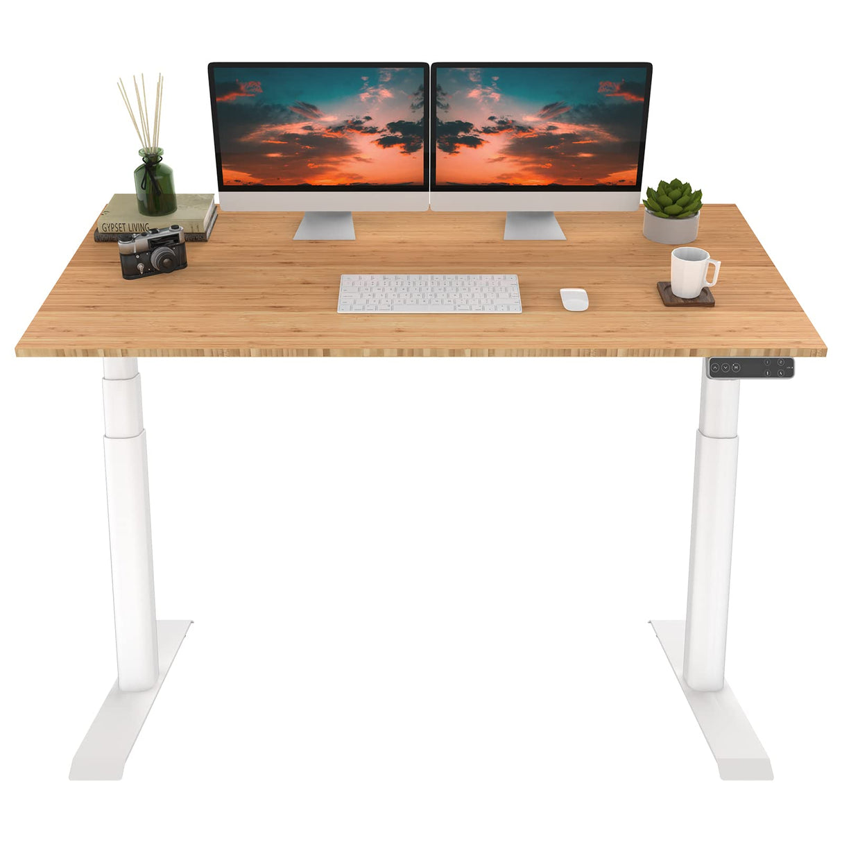 FLEXISPOT E8 Dual Motor 3 Stages Bamboo Electric Standing Desk 60x30 Inch Oval Leg Whole-Piece Board Height Adjustable Desk Electric Stand Up Desk FLEXISPOT