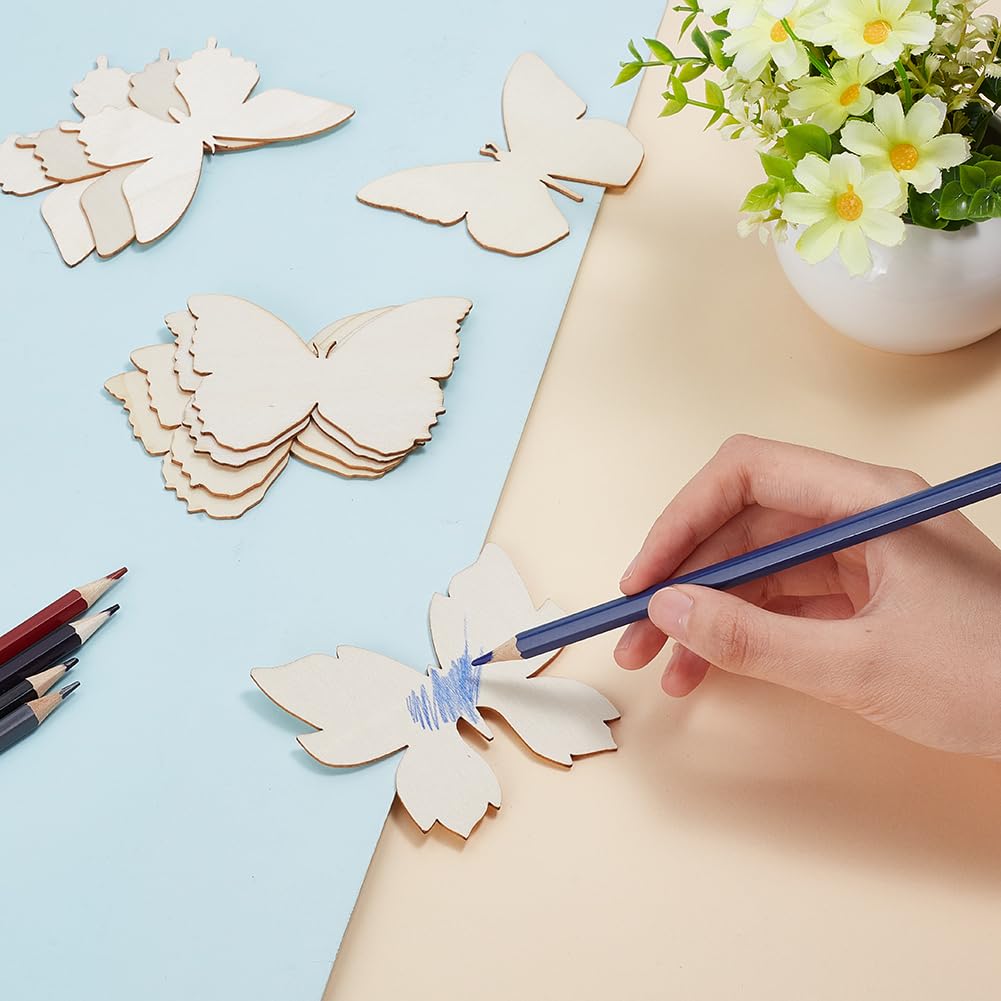 GOMAKERER 48 Pcs Wooden Butterfly Cutouts, 4 Styles Natural Unfinished Butterfly Slices Blank Butterfly Shaped Wood Cutouts Wooden Butterfly GOMAKERER