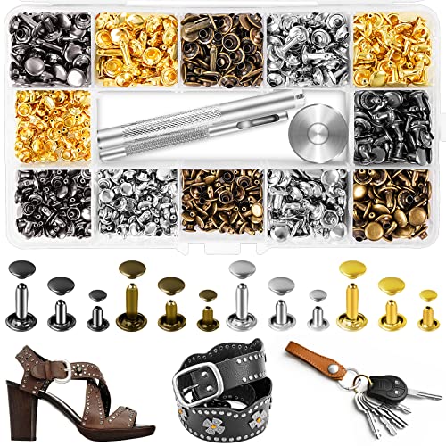 420 Sets Leather Rivets Kit, Double Cap Brass Rivets Leather Studs with 3PCS Setting Tools for Leather Repair and Crafts, 4 Colors and 3 Sizes Jetmore