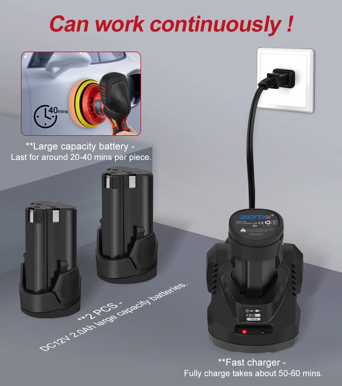 ZOTA Cordless Buffer Polisher for Car,6 inch 2pcs 12V/2.0Ah Lithium Rechargeable Battery Cordless Polisher with 6 Variable Speed,Quiet Orbital Car ZOTA