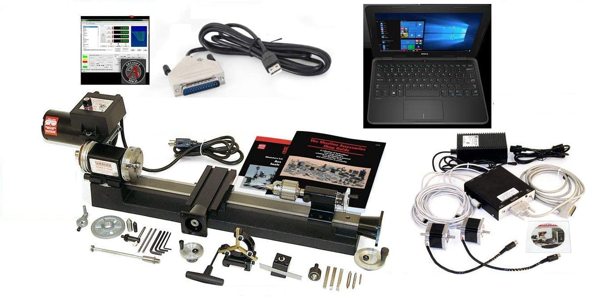 Sherline 8440B Windows 3.5″ x 17″ Inch Lathe. A Complete CNC System +USB Controller + Package"B" + Dell Latitude Laptop Computerized Sherline CNC control (Windows OS)