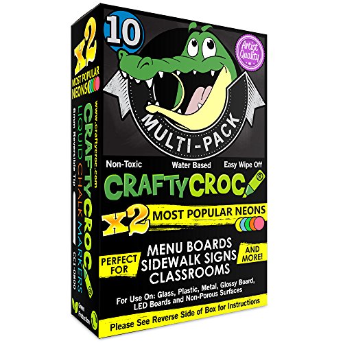 Crafty Croc Liquid Chalk Markers, Neon Chalk Pens Glow Under Blacklight, Includes 2 Each Fluorescent Yellow, Blue, Green, Orange and Pink (10 Pack) Crafty Croc