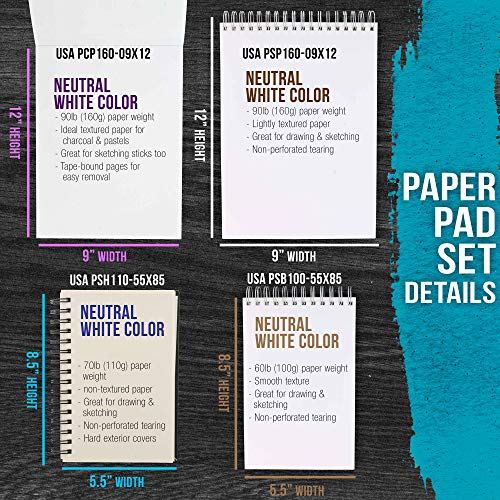 U.S. Art Supply Set of 4 Different Stylesof Sketching and Drawing Paper Pads (242 Sheets Total) - 2 Each 5.5" x 8.5" and 9" x 12" Premium Spiral U.S. Art Supply