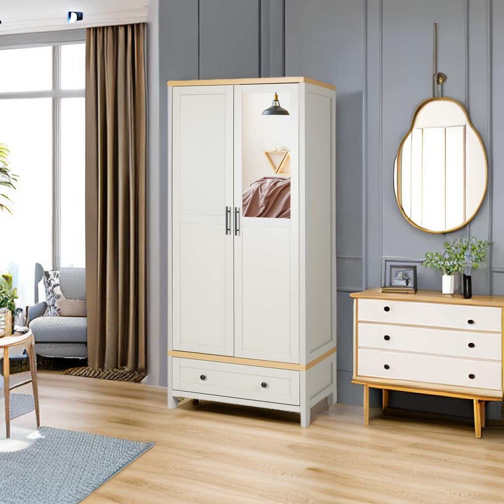 YIGOBUY Armoire Wardrobe Closet for Bedroom, 2 Doors Storage Cabinet with Drawer, Mirror, Shelves, Hanging, Tall Wood Standing Clothes Organizer YIGOBUY
