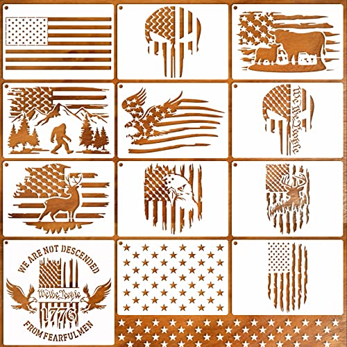 12pcs American Flag Stencil Star Stencils for Painting Union 50 Stars 1776 Military We The People Template for Flag Patriotic Wood Burning Stencils Pkqon