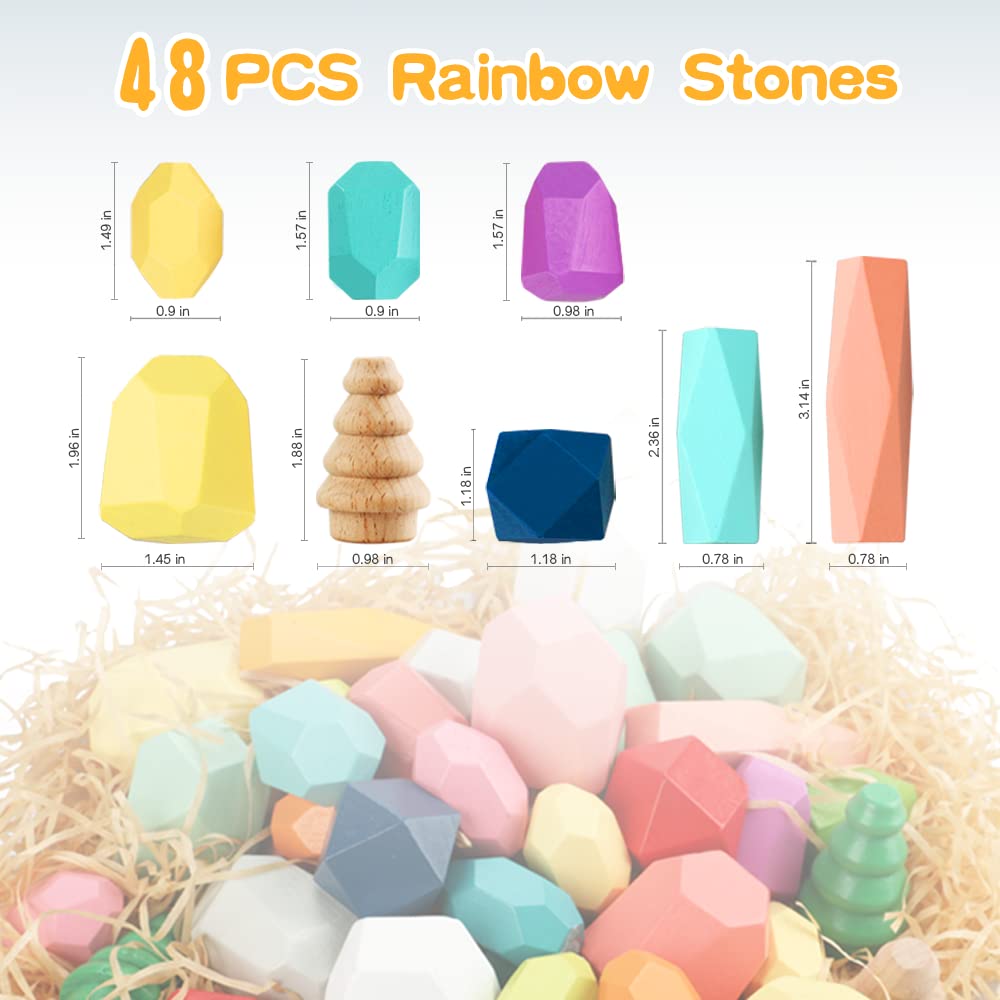 48PCS Wooden Stacking Building Blocks Montessori Toys for 1 2 3 4 5 6 Year Old Girls Boys Preschool Educational Sensory Toys for Toddlers 1-3 STEM BigShu