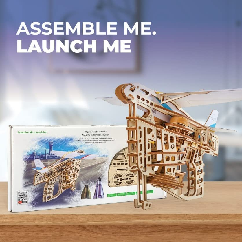 UGEARS Flight Starter Paper Airplane Portable Hand Catapult Mechanical Wooden 3D Model UGEARS