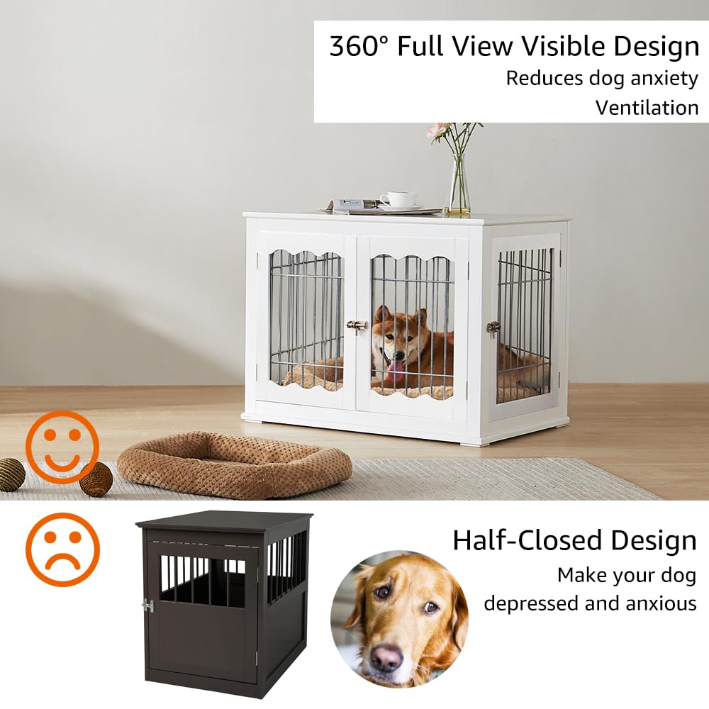 unipaws Furniture Style White Dog Crate for Medium Dogs, Indoor Aesthetic Puppy Kennel, Modern Decorative Wood Wire Pet House Dog Cage, Pretty Cute unipaws