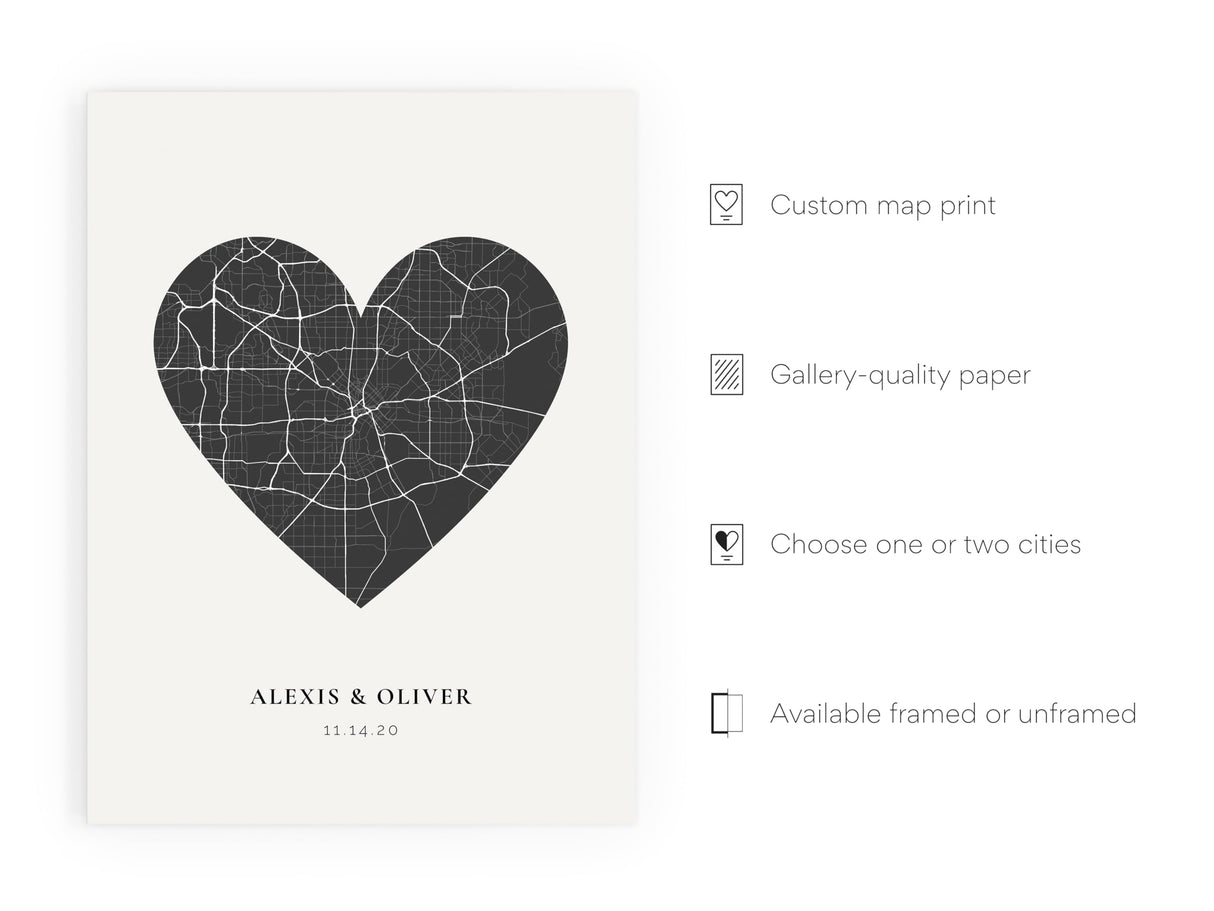 HAUS AND HUES Custom Heart Shaped Map Poster - Personalized Gift for Him & Her - Unique Couples Poster - Gift for Wedding, Newlyweds, Anniversary, HAUS AND HUES