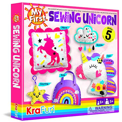 KRAFUN My First Unicorn Kids Sewing kit, Beginner Arts & Crafts, Make 5 Cute Projects with Plush Stuffed Animal, Pillow, Mobile, Keyring and Bag,