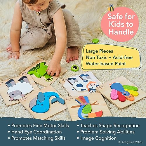 Magifire Wood Puzzles for Toddlers 1-3, Set of 6 Montessori Toys for 1 Year Old, Toddler Puzzles, Baby Puzzles with Large Pieces Safe for Kids, MAGIFIRE