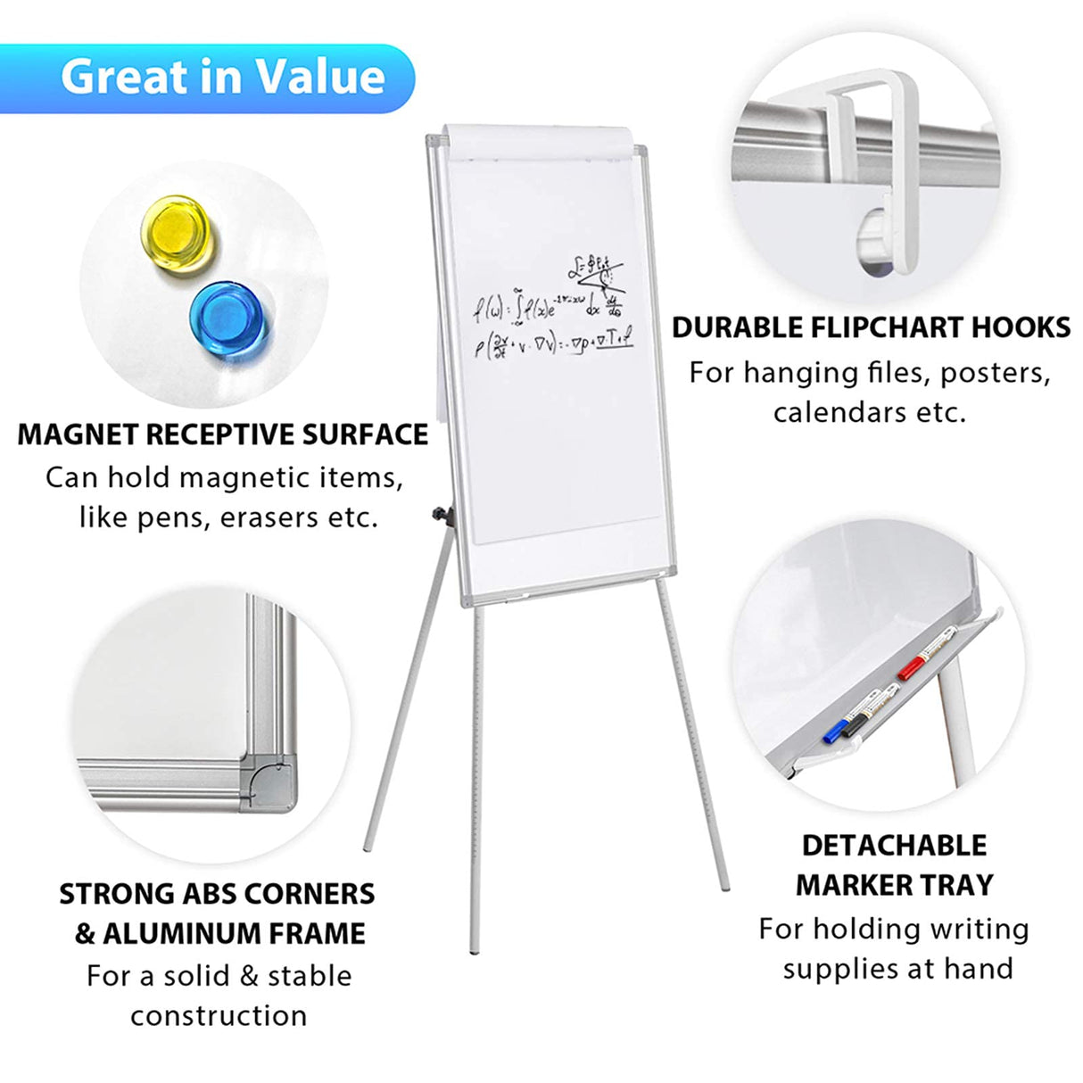 Easel Whiteboard - Magnetic Portable Dry Erase 36 x 24 Tripod Height Adjustable, 3' x 2' Flipchart Easel Stand White Board for Office or Teaching at maxtek
