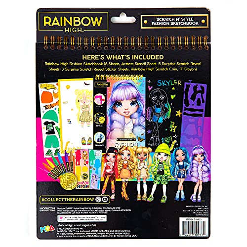 Horizon Group USA Rainbow High Scratch ‘n Style Fashion Sketchbook, Scratch Art, Coloring Book, Includes Stencils, Crayons, Scratch Art Stickers & Horizon Group USA
