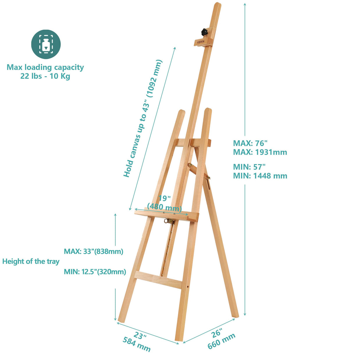 VISWIN Adjustable Height Display Easel 57" to 76", Holds Canvas up to 43", Holds 22 lbs, Beech Wood Art Easel for Painting, Easy to Assemble Floor VISWIN