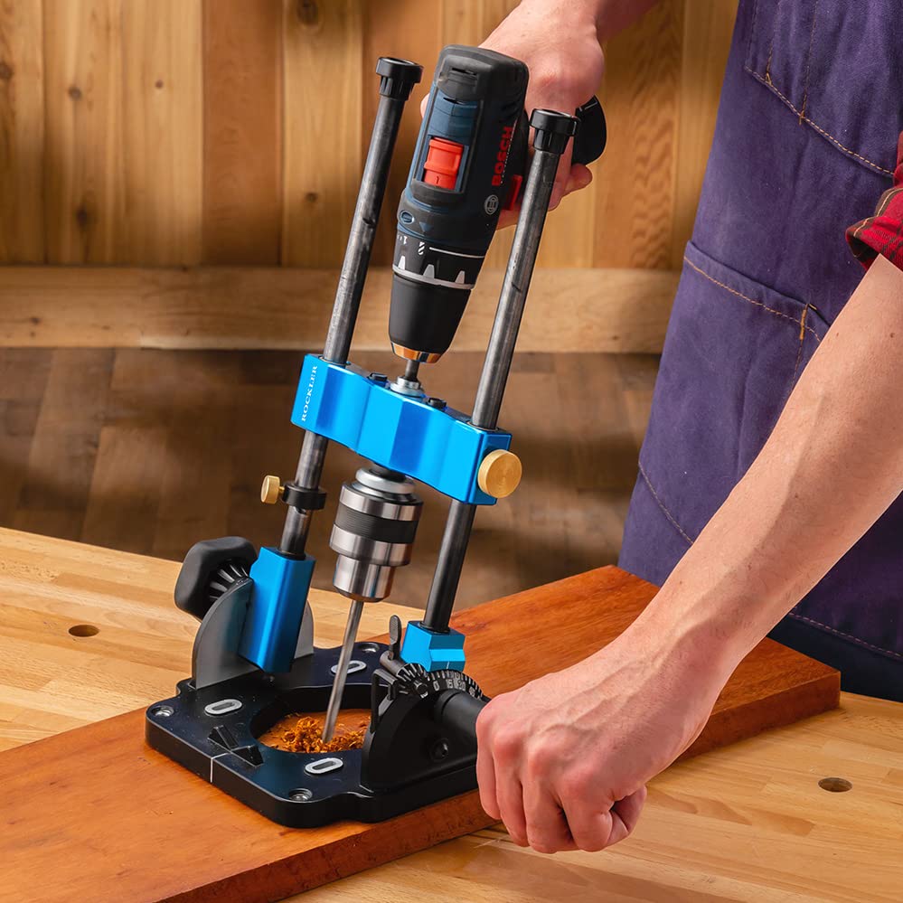 Rockler Drill Guide w/Chuck Key - Full-Size Drill Press Accessories for Small Shops - 0° to 60° Angle Drill Guide w/Easy-to-Read Protractor Scale - ROCKLER