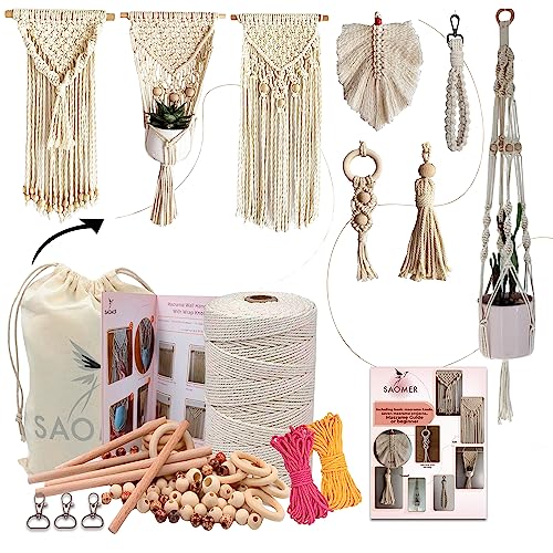 SAOMER 130 Pcs Macrame Kit for Beginners-219 Yards(657 Feet-3mm) 7 Easy Macrame DIY Projects Book-Starter Kit Has SAOMER