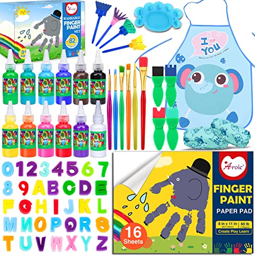AROIC Washable Finger Paint set, 82 Pack Washable Kids Paint Set with 12 Color Finger Paints, Sponges, Paint Brushes, Waterproof Paint Apron, Palette AROIC