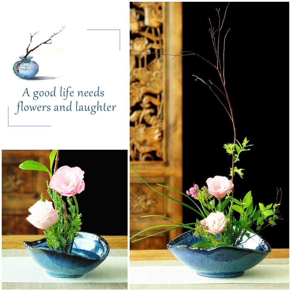 WANDIC Floral Arranging Vase, Blue Irregular Oval Shape Ceramic Ikebana Vases with 3.5cm Mini Round Flower Frog for Ikebana Floral Arrangement Art WANDIC