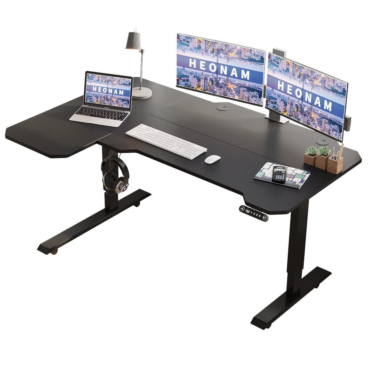 HEONAM 59'' L Shaped Height Adjustable Standing Desk, Electric Stand up Computer Table for Home Office Desk with Black Frame & Top HEONAM