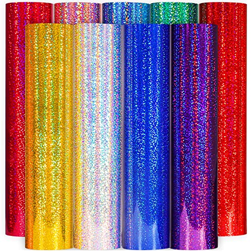 Holographic Glitter Vinyl Sheets 9 Pack Vinyl Permanent - Easy to use Adhesive Vinyl for Craft Decor,12” X 12” (Holographic Glitter) GIRAFVINYL