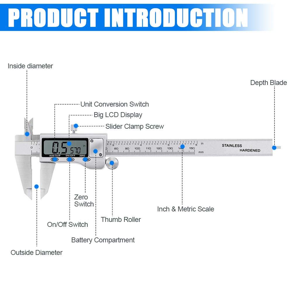 Digital Caliper Measuring Tool, Stainless Steel Vernier Caliper Digital Micrometer with Large LCD Screen, Easy Switch from Inch Metric Fraction, 6 Jiavarry