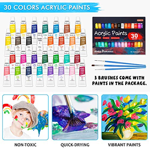 69 Pack Kids Paint Set, Shuttle Art Art Set for Kids with 30 Colors Acrylic Paint, Wood Easel, Canvas, Painting Pad, Brushes, Palette and Smock, Shuttle Art
