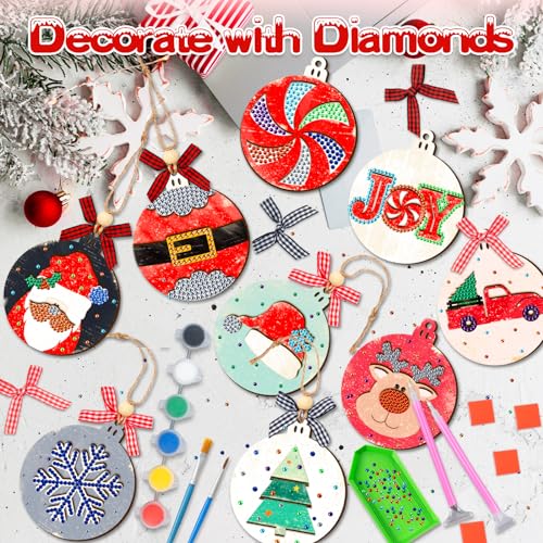 GuassLee DIY Christmas Tree Ornaments Set - Wooden Unfinished Christmas Crafts with Crystal Christmas Patterns for Kids Crafting Painting Christmas GuassLee